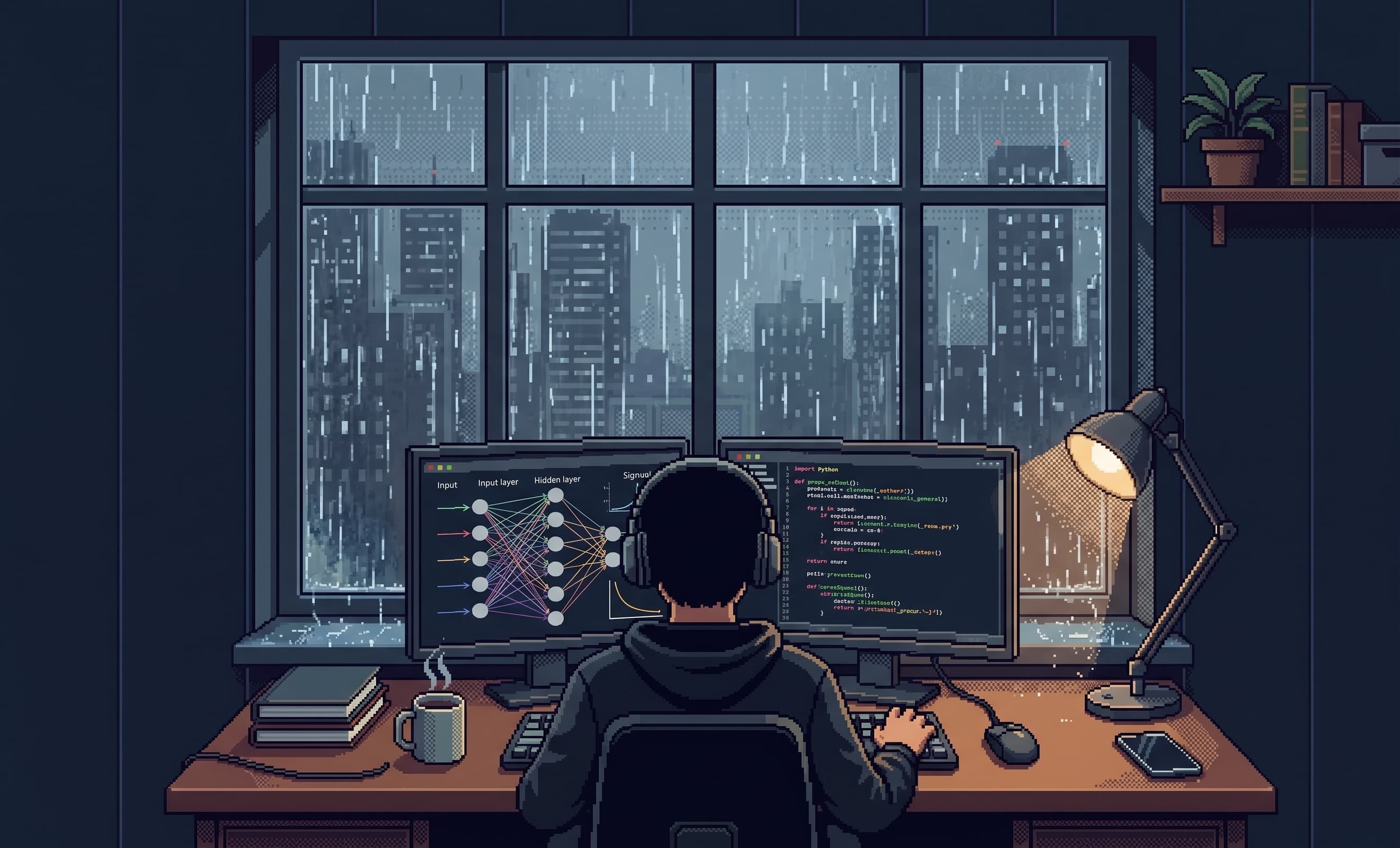Pixel-art illustration of a developer at a desk with two monitors, one showing a neural network diagram and one showing code, in front of a rainy city window